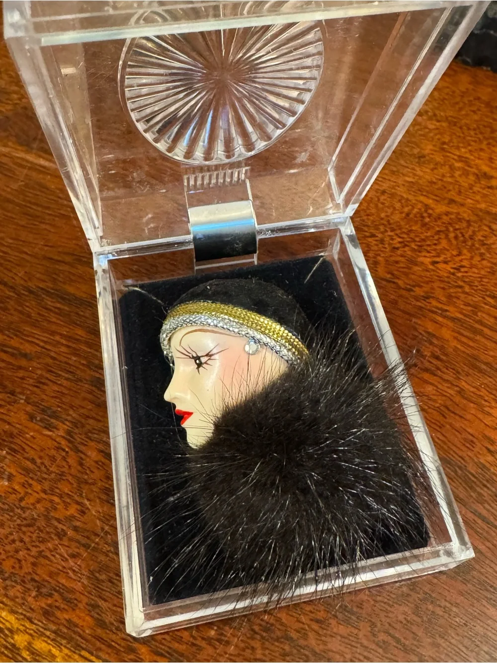 Vintage 1920’s Flapper Porcelain and Mink Fur Cameo Brooch or Pin.